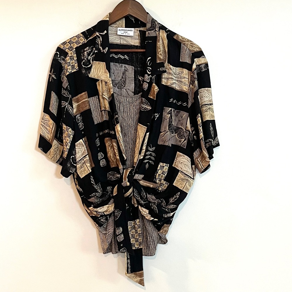 Alfred Dunner Vintage 2 Piece Set Shirt Tank Top Black Tan Print Plus Size 22W